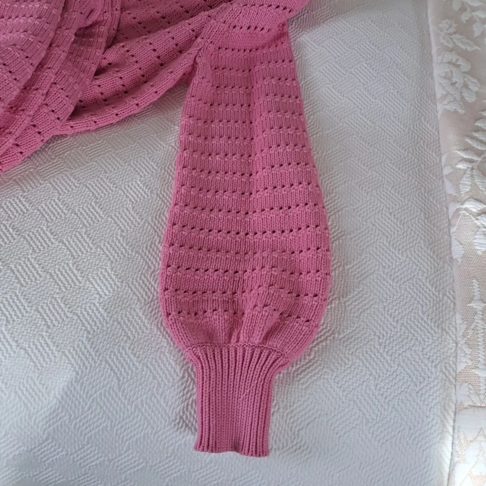 J.Crew Womens Pink Pointelle Style Crewneck Sweater Balloon Sleeves‎ S-M